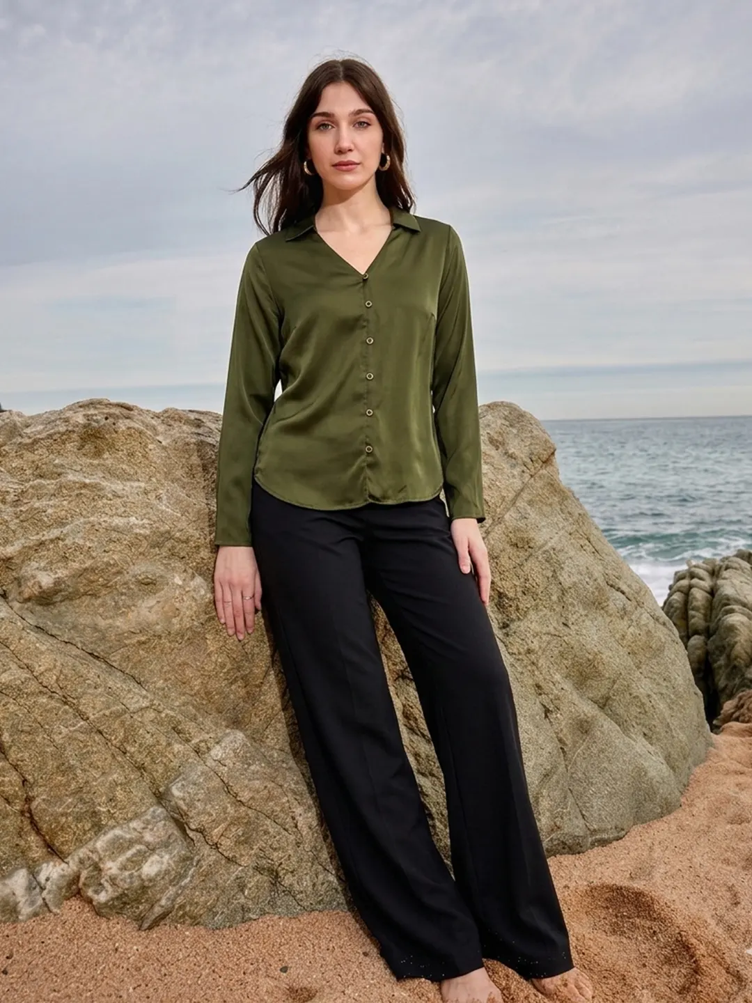 Madame Olive V-Collar Solid Shirt