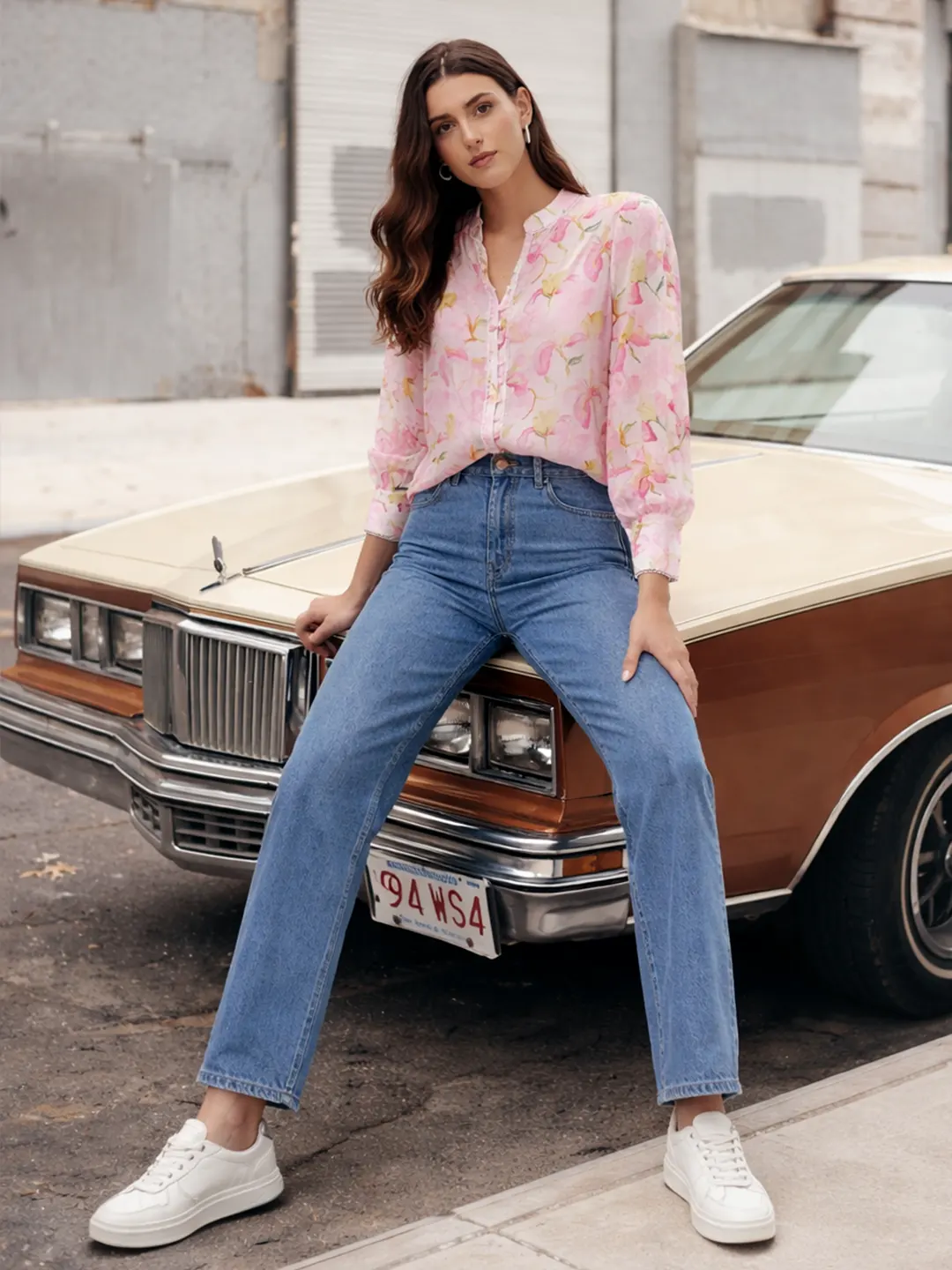 Madame Pink Printed Semi-Sheer Tencel Mandarin-Collar Top