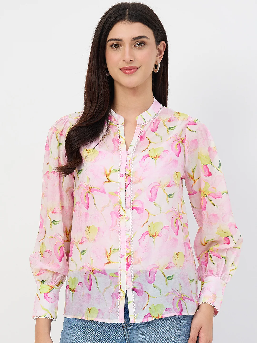 Madame Pink Printed Semi-Sheer Tencel Mandarin-Collar Top - Image 2