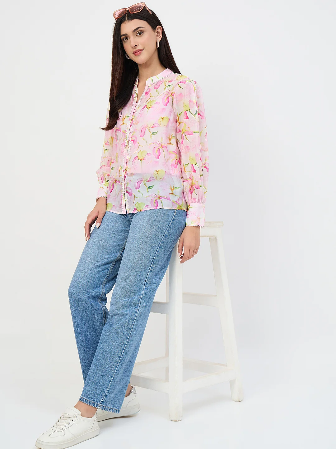 Madame Pink Printed Semi-Sheer Tencel Mandarin-Collar Top - Image 3