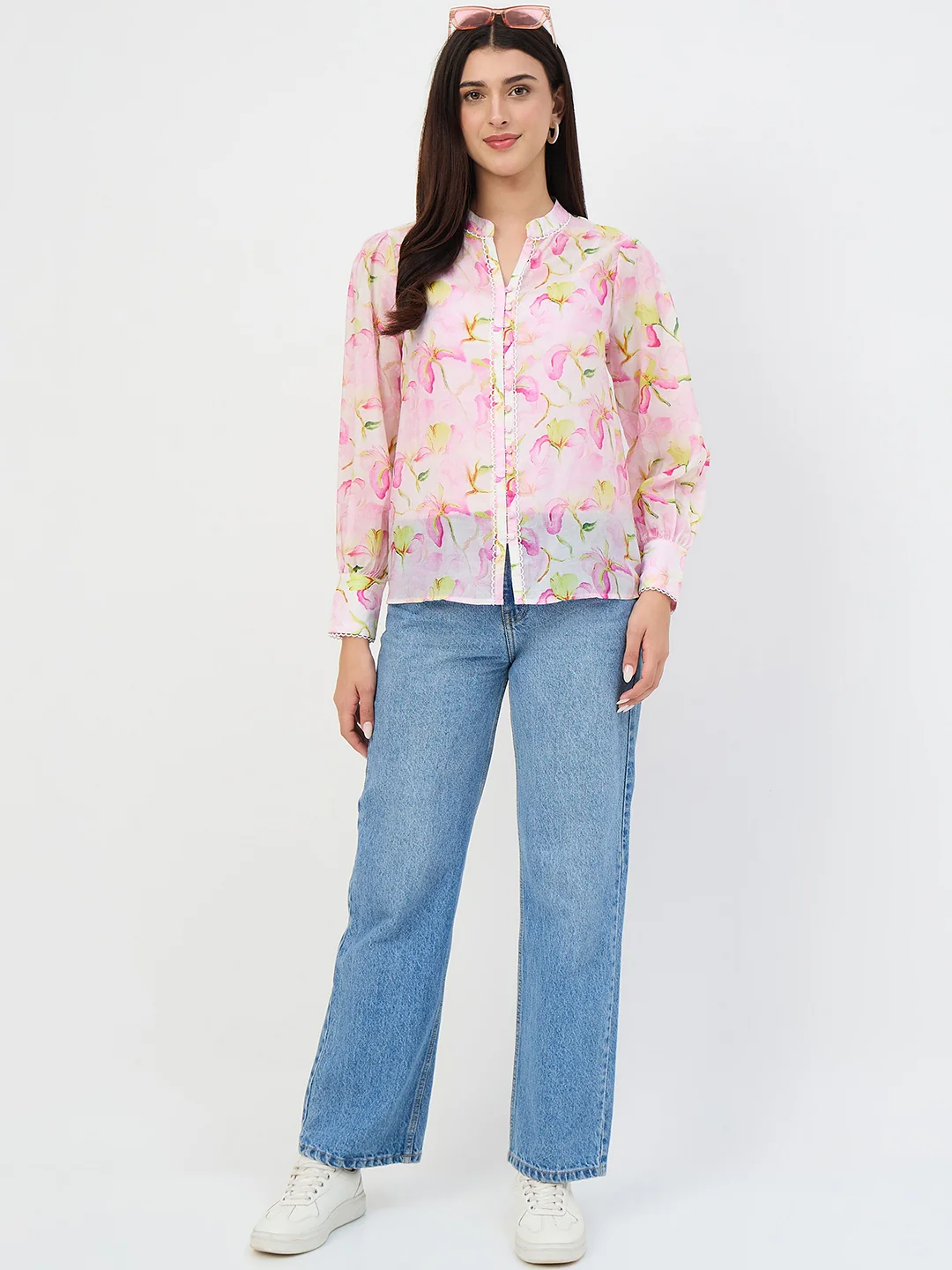 Madame Pink Printed Semi-Sheer Tencel Mandarin-Collar Top - Image 4