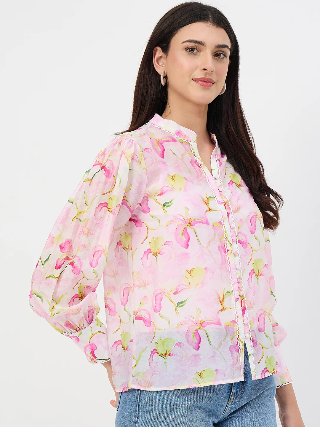 Madame Pink Printed Semi-Sheer Tencel Mandarin-Collar Top - Image 5