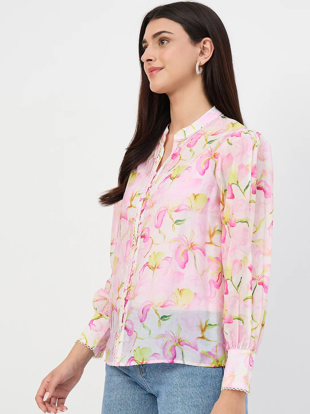 Madame Pink Printed Semi-Sheer Tencel Mandarin-Collar Top - Image 6