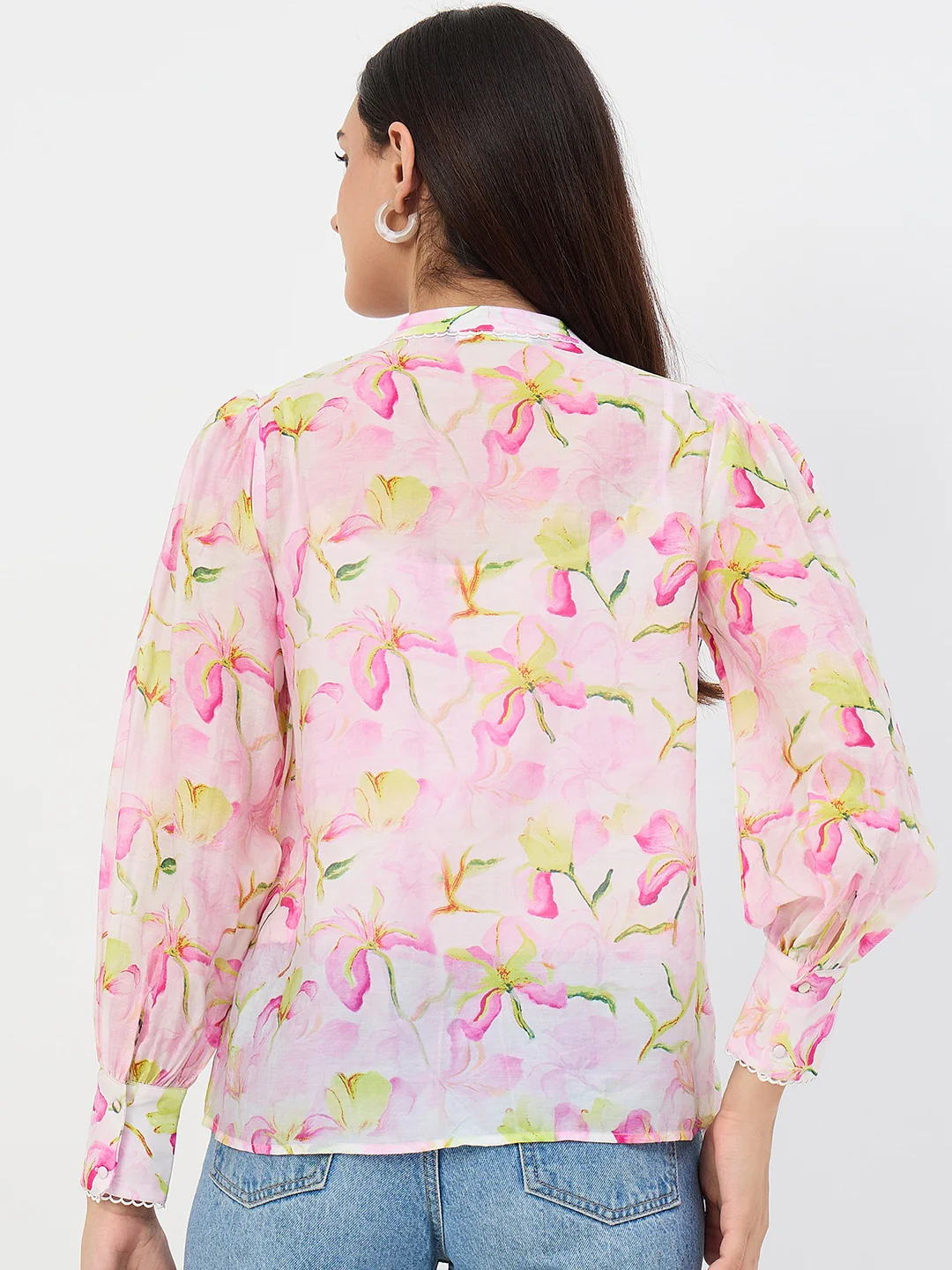 Madame Pink Printed Semi-Sheer Tencel Mandarin-Collar Top - Image 8