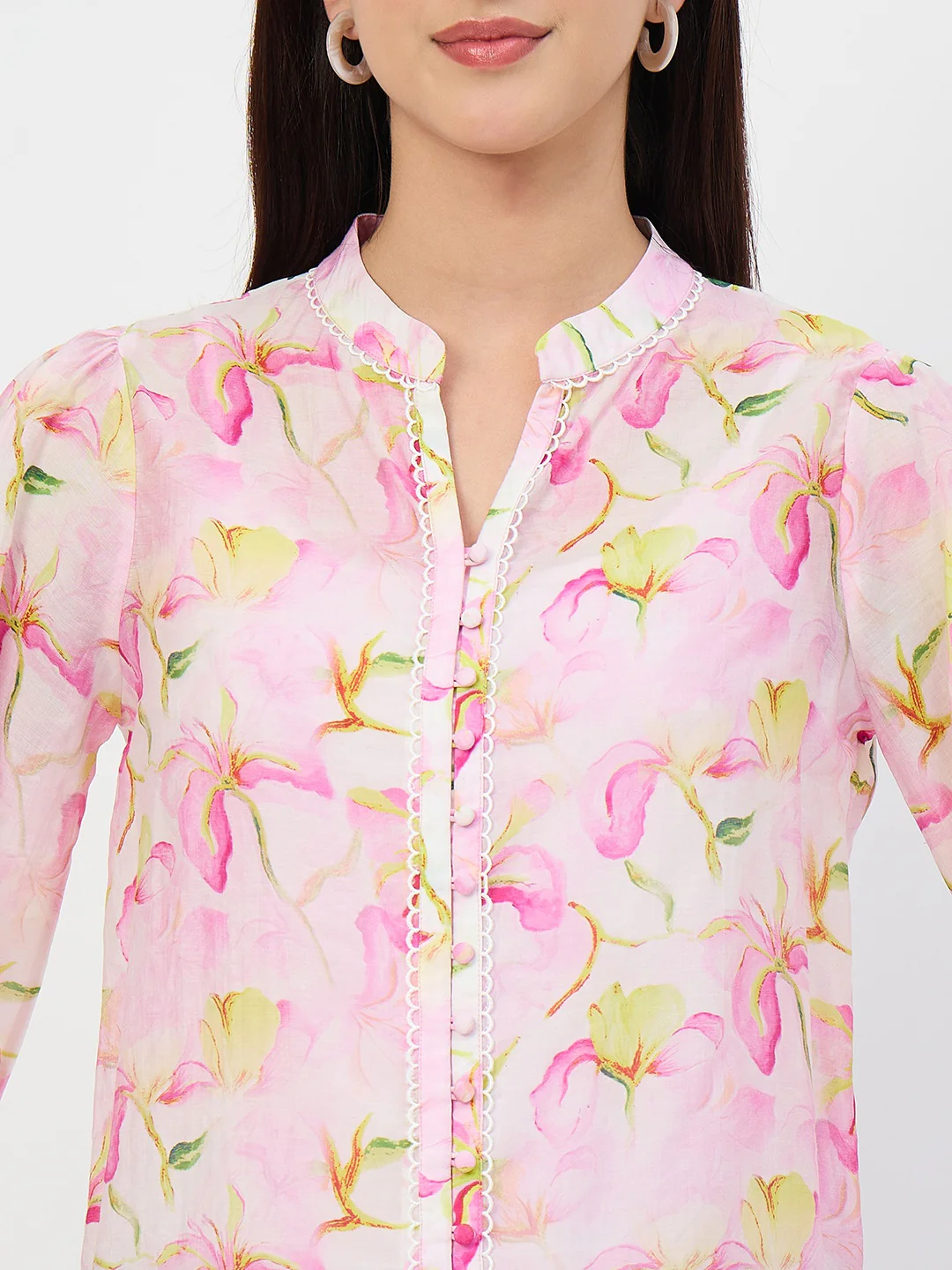 Madame Pink Printed Semi-Sheer Tencel Mandarin-Collar Top - Image 9