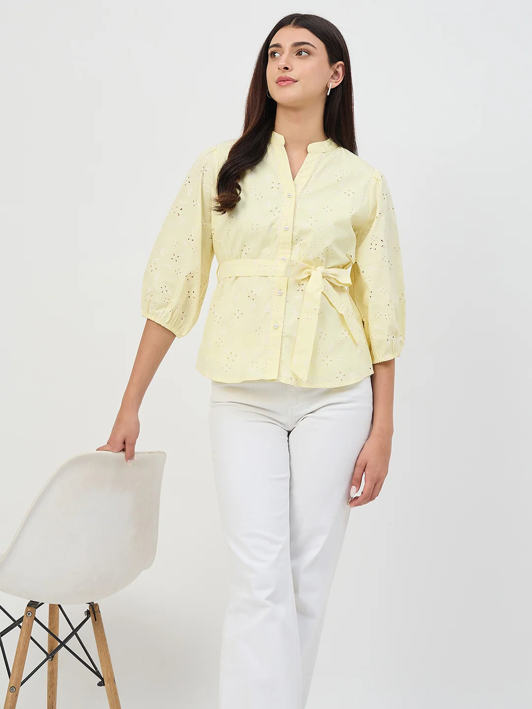 Madame Butter Yellow Belted Cotton Top - Image 4