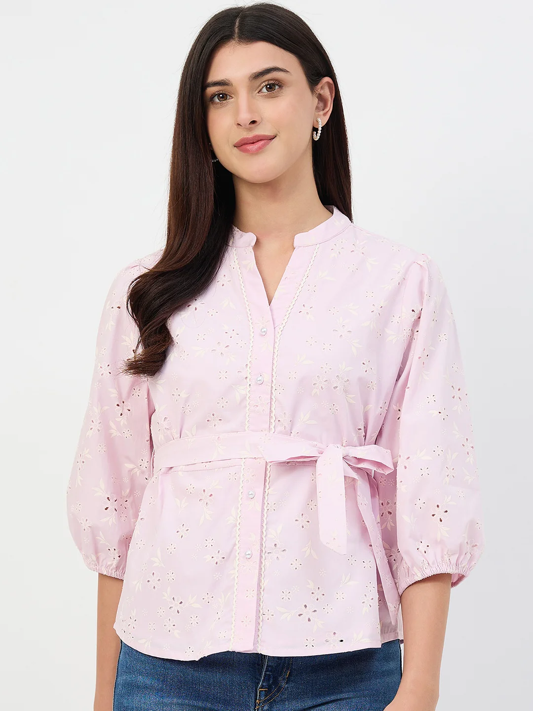 Madame Pink Belted Cotton Mandarin-Collar Top
