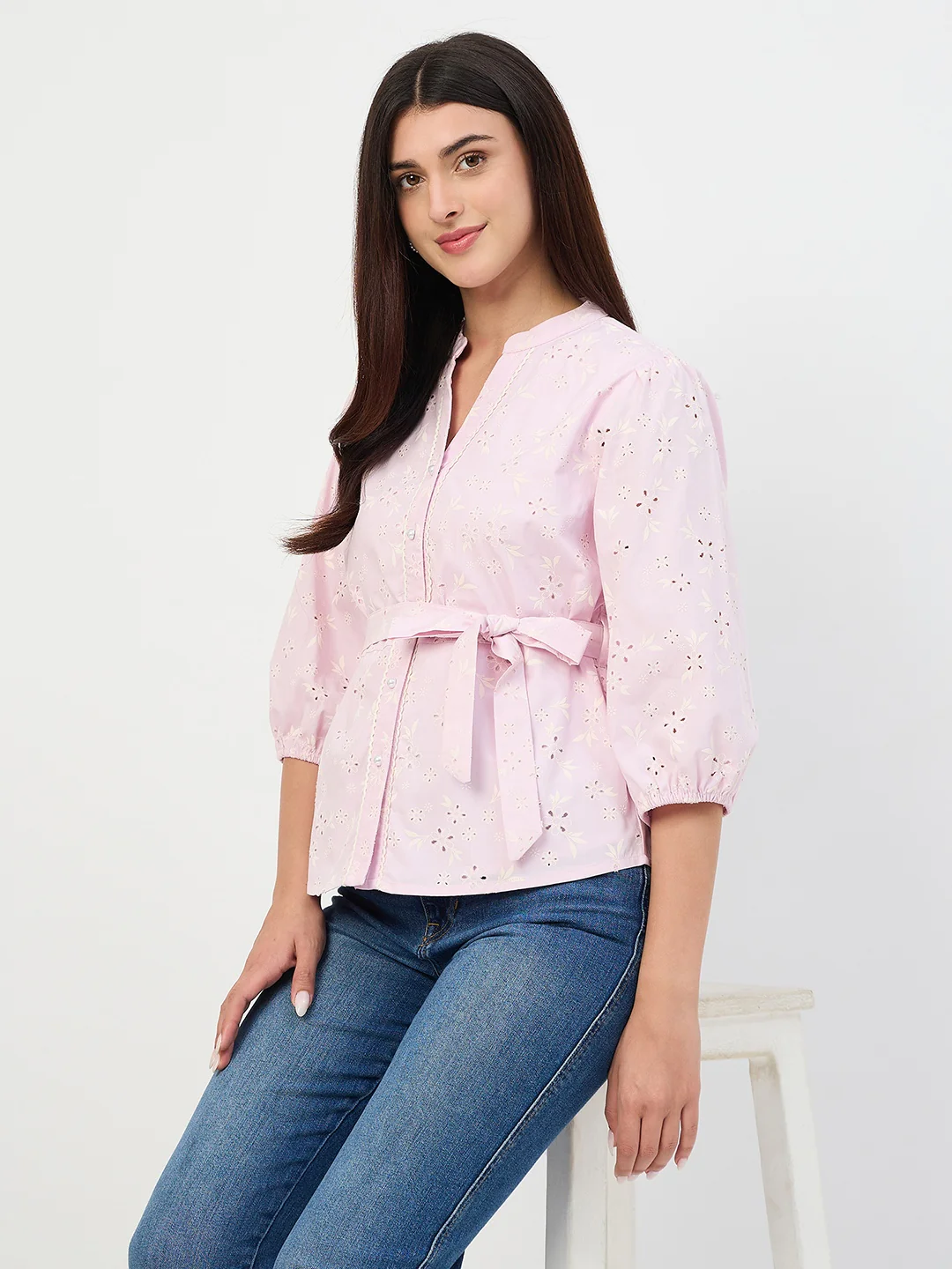 Madame Pink Belted Cotton Mandarin-Collar Top - Image 3