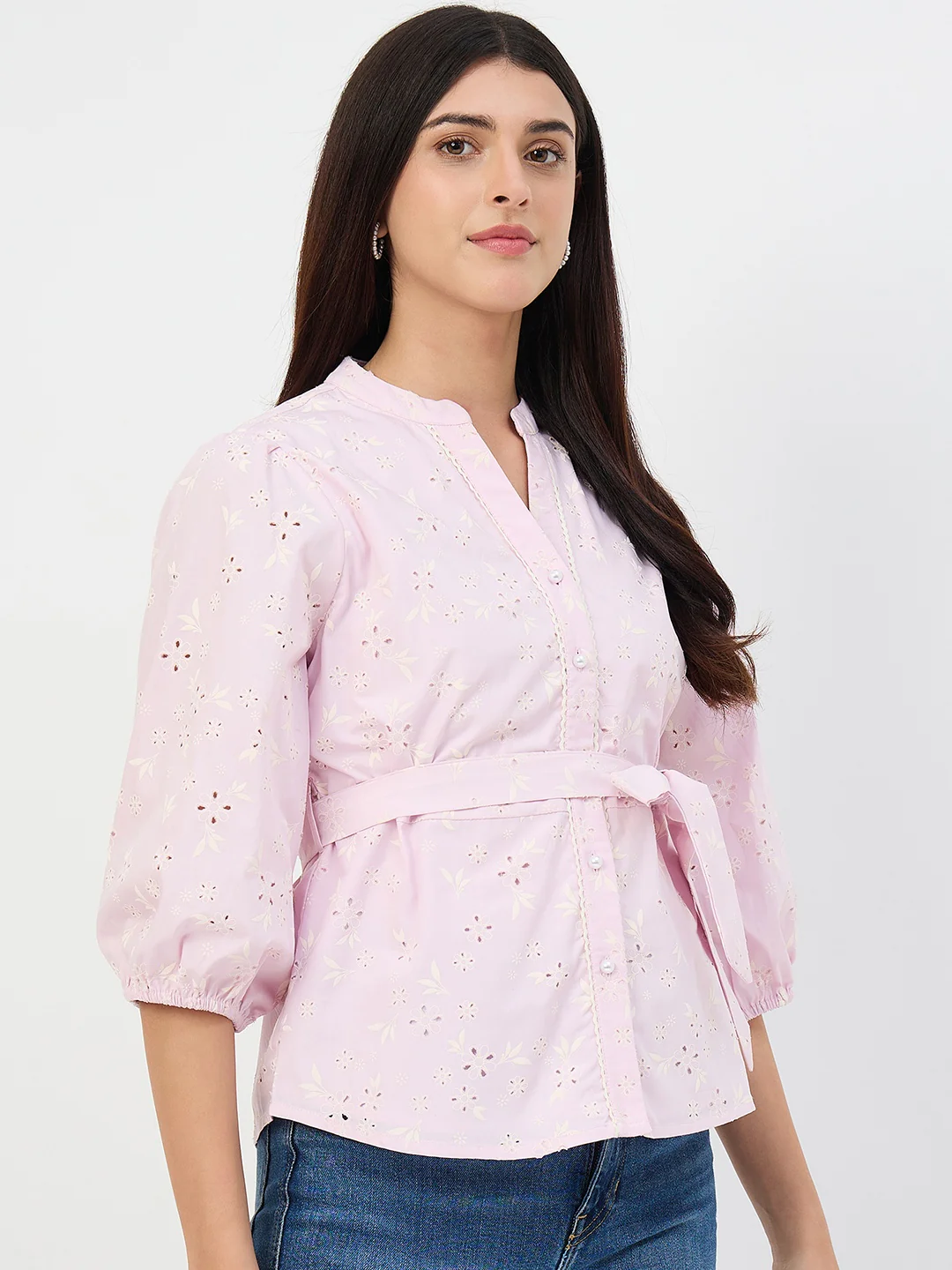 Madame Pink Belted Cotton Mandarin-Collar Top - Image 4