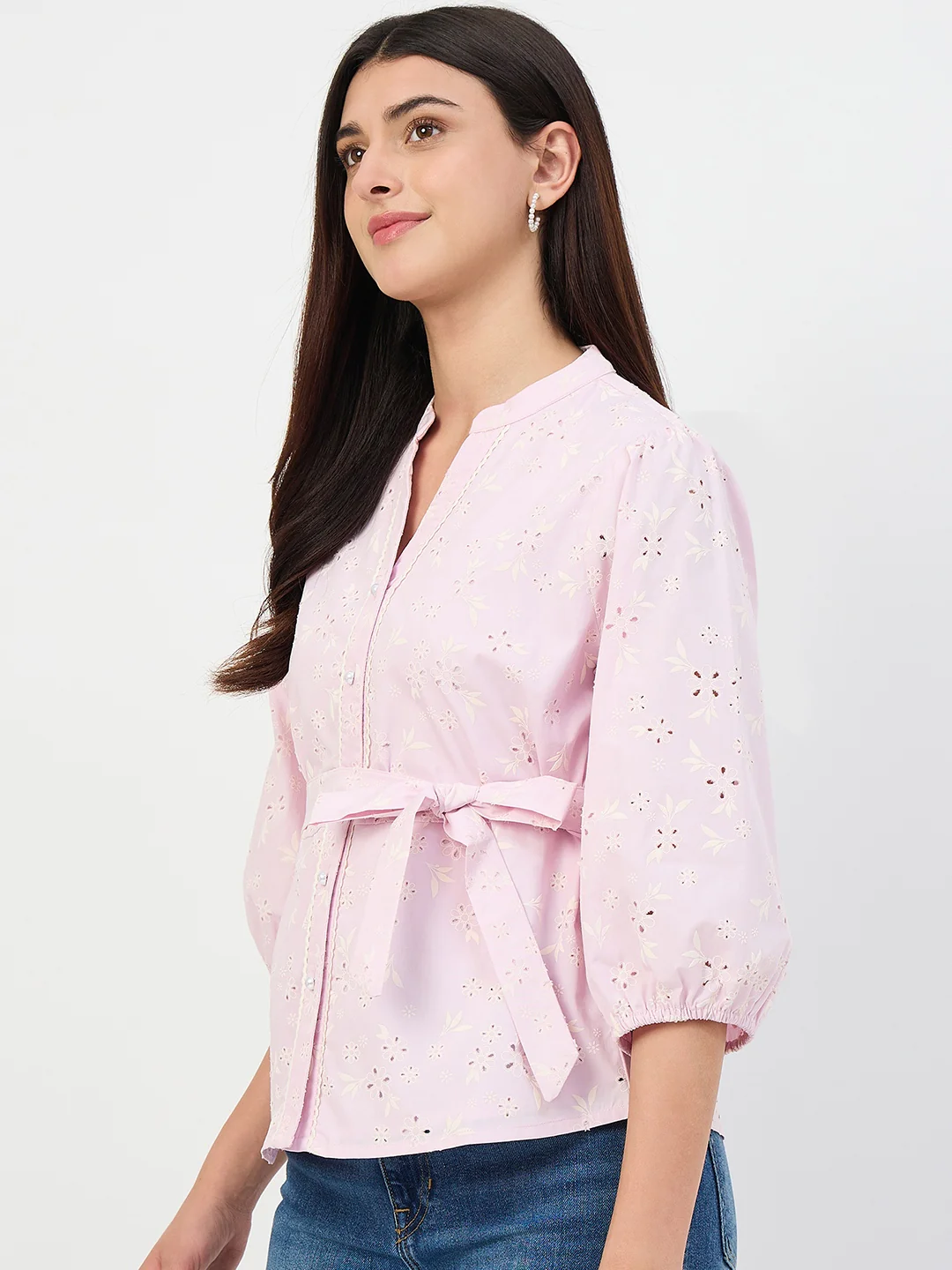 Madame Pink Belted Cotton Mandarin-Collar Top - Image 5
