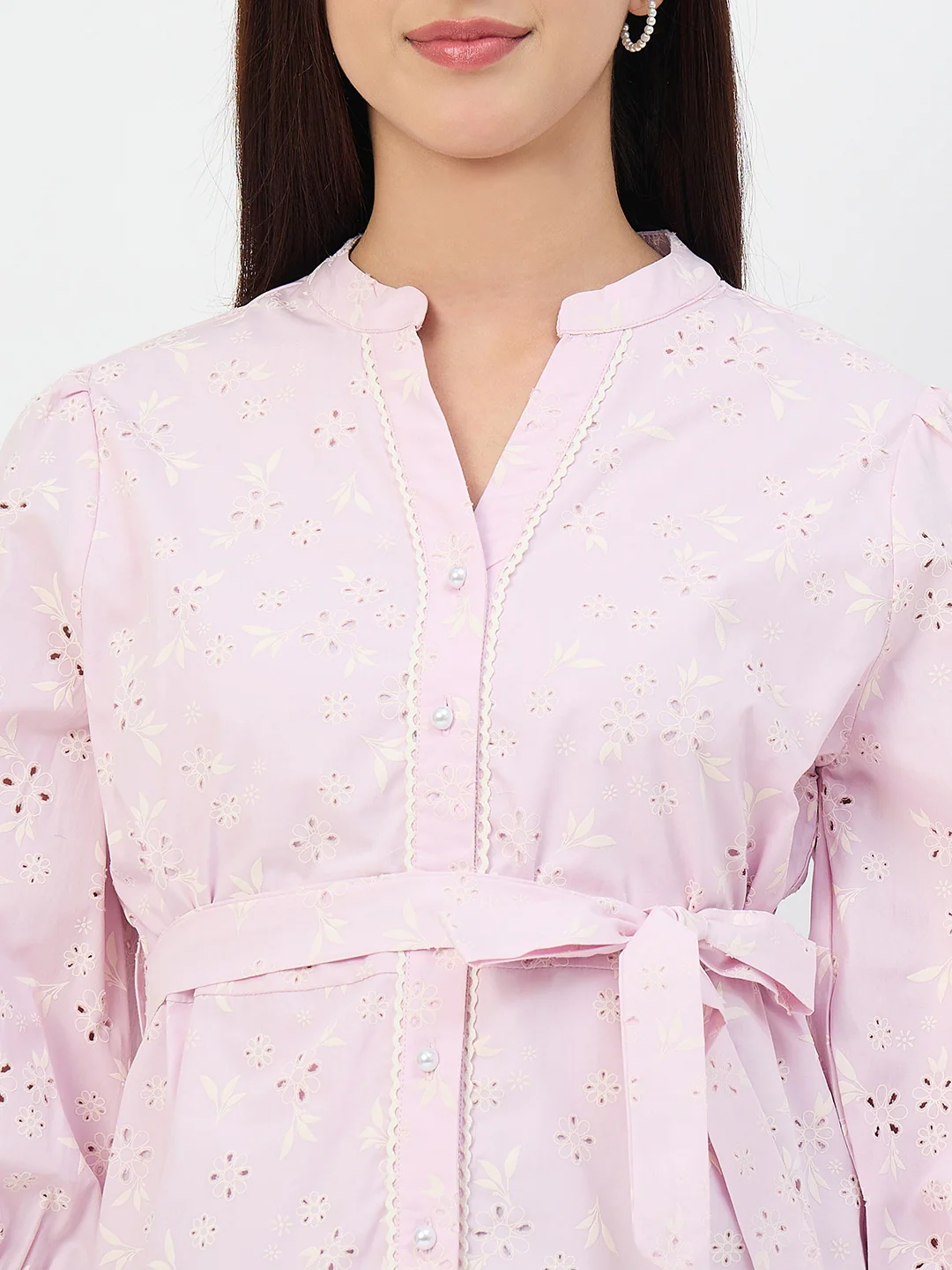 Madame Pink Belted Cotton Mandarin-Collar Top - Image 7