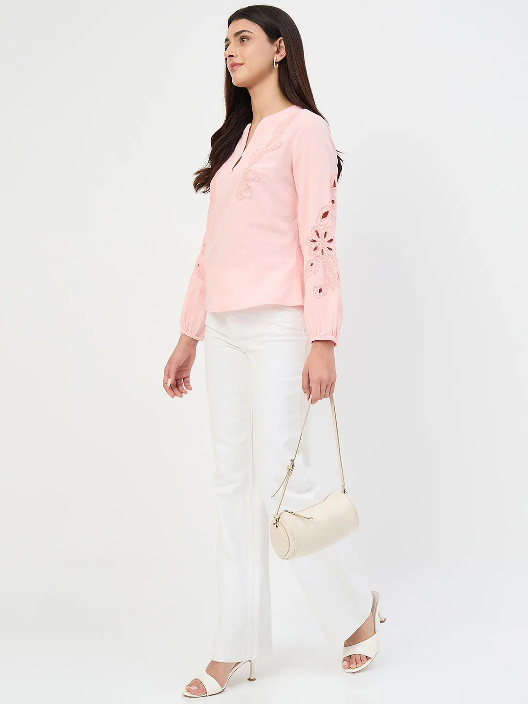 Madame Powder Pink Embroidered Cotton-Linen Tunic Top - Image 2