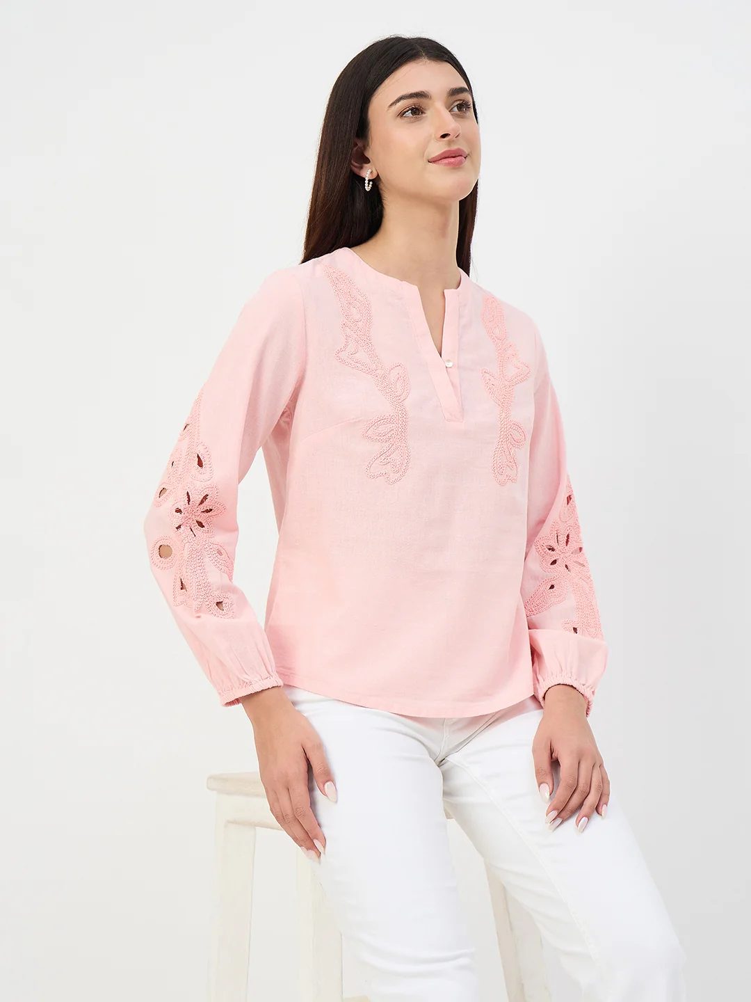 Madame Powder Pink Embroidered Cotton-Linen Tunic Top - Image 3