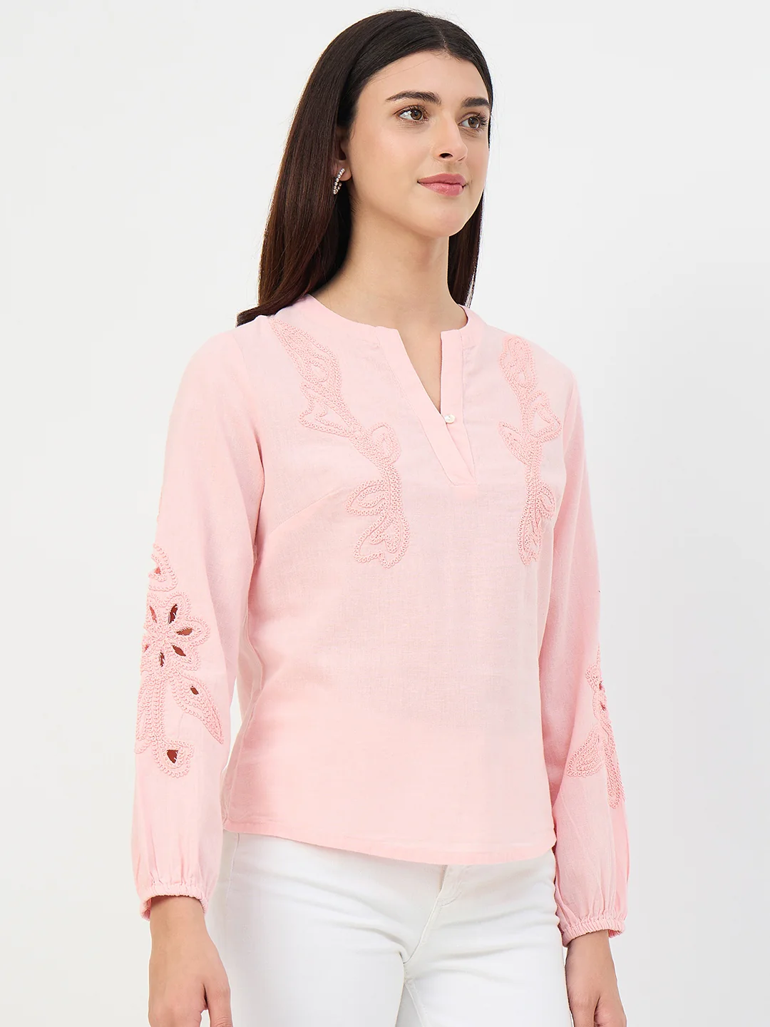 Madame Powder Pink Embroidered Cotton-Linen Tunic Top - Image 4