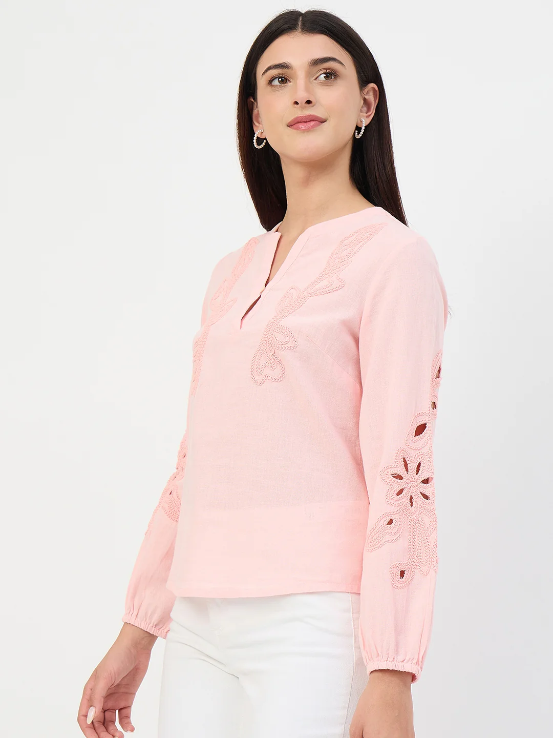 Madame Powder Pink Embroidered Cotton-Linen Tunic Top - Image 5