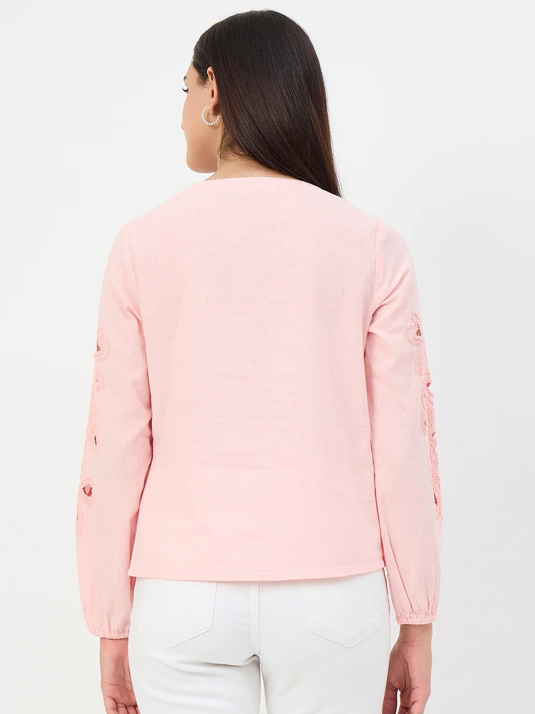 Madame Powder Pink Embroidered Cotton-Linen Tunic Top - Image 6