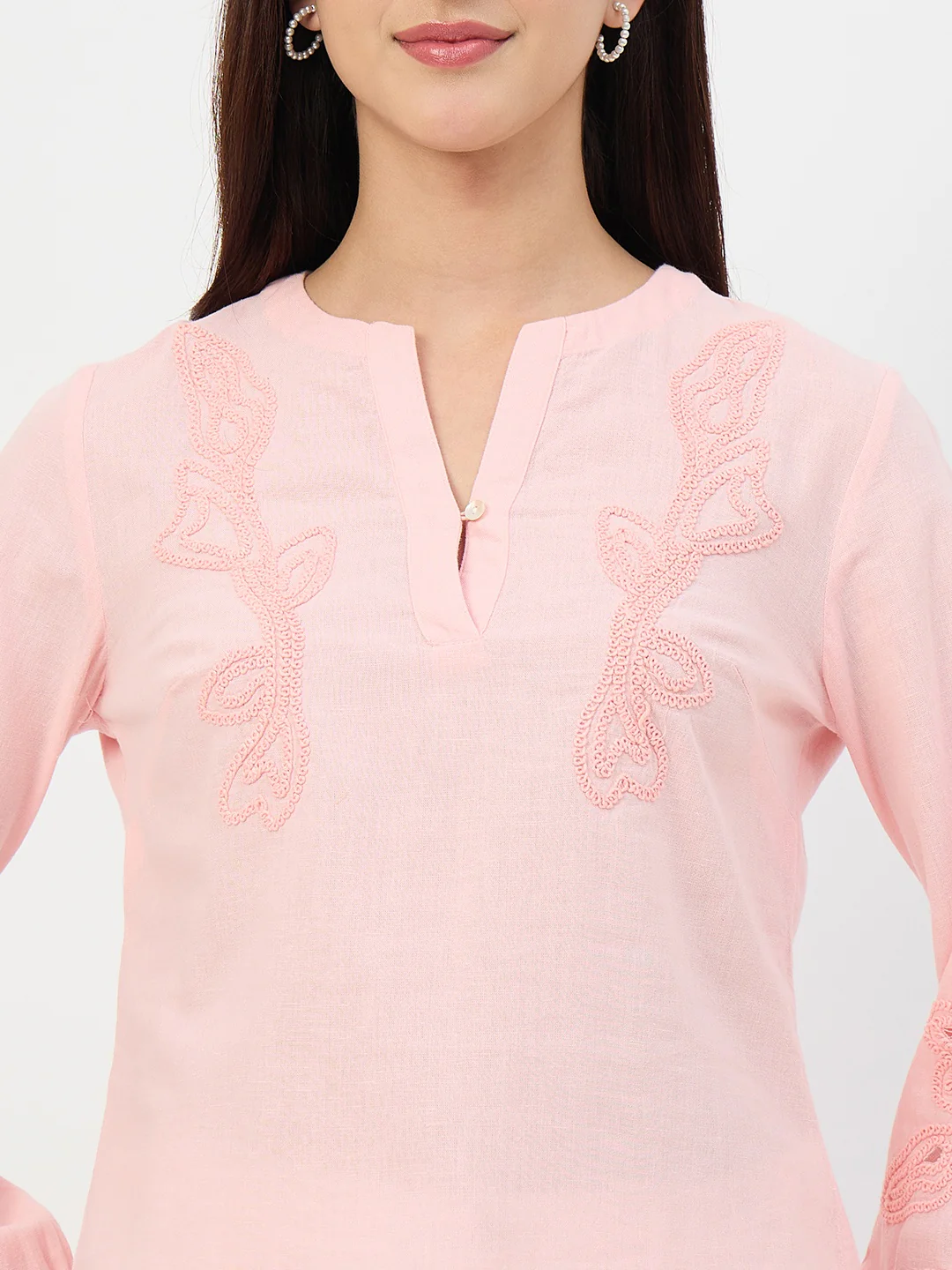 Madame Powder Pink Embroidered Cotton-Linen Tunic Top - Image 7