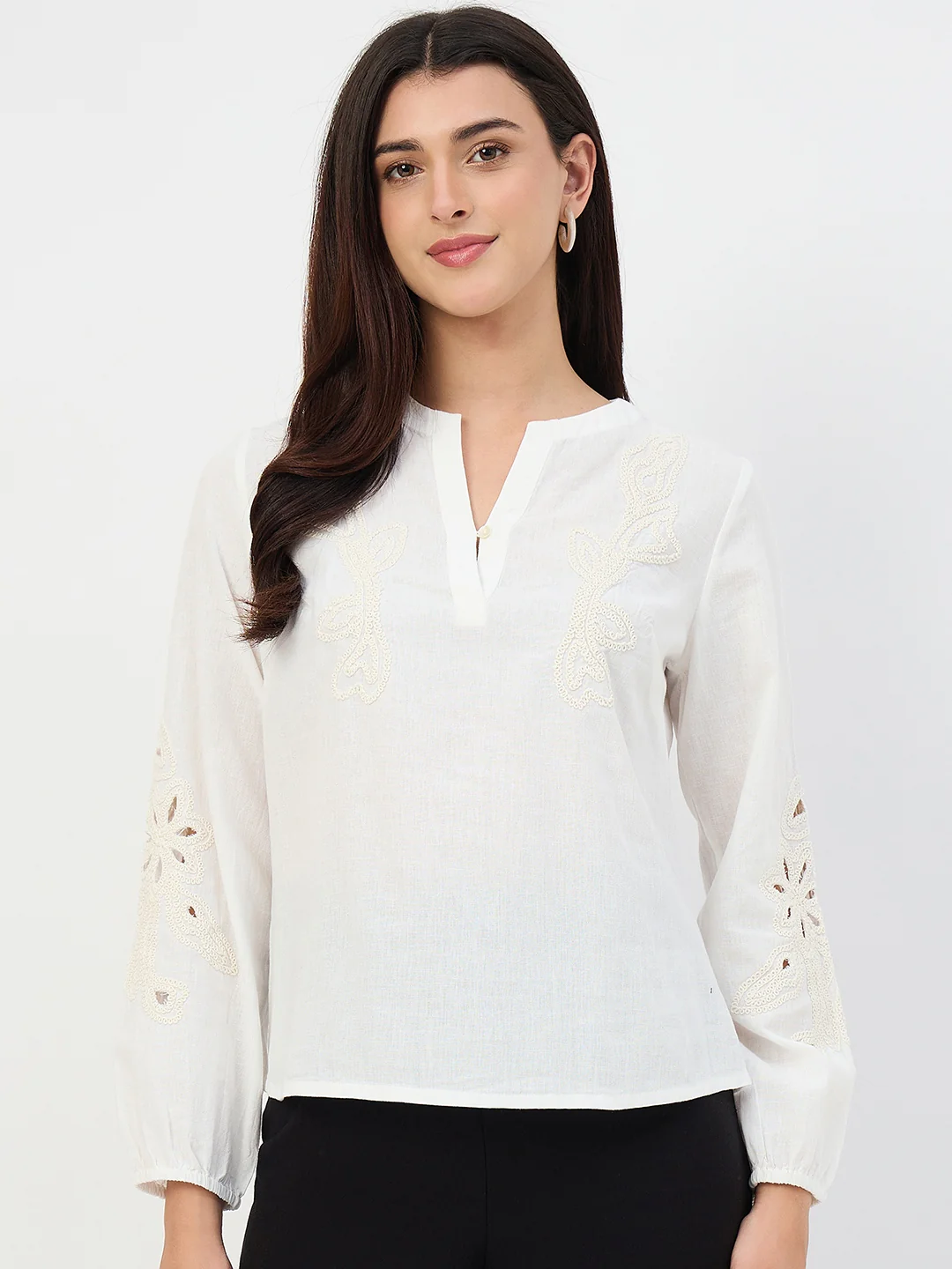 Madame White Embroidered Cotton-Linen Tunic Top - Image 2
