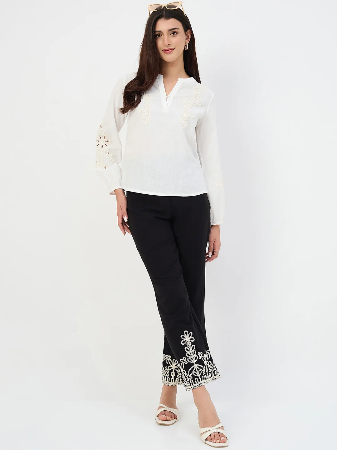 Madame White Embroidered Cotton-Linen Tunic Top - Image 3