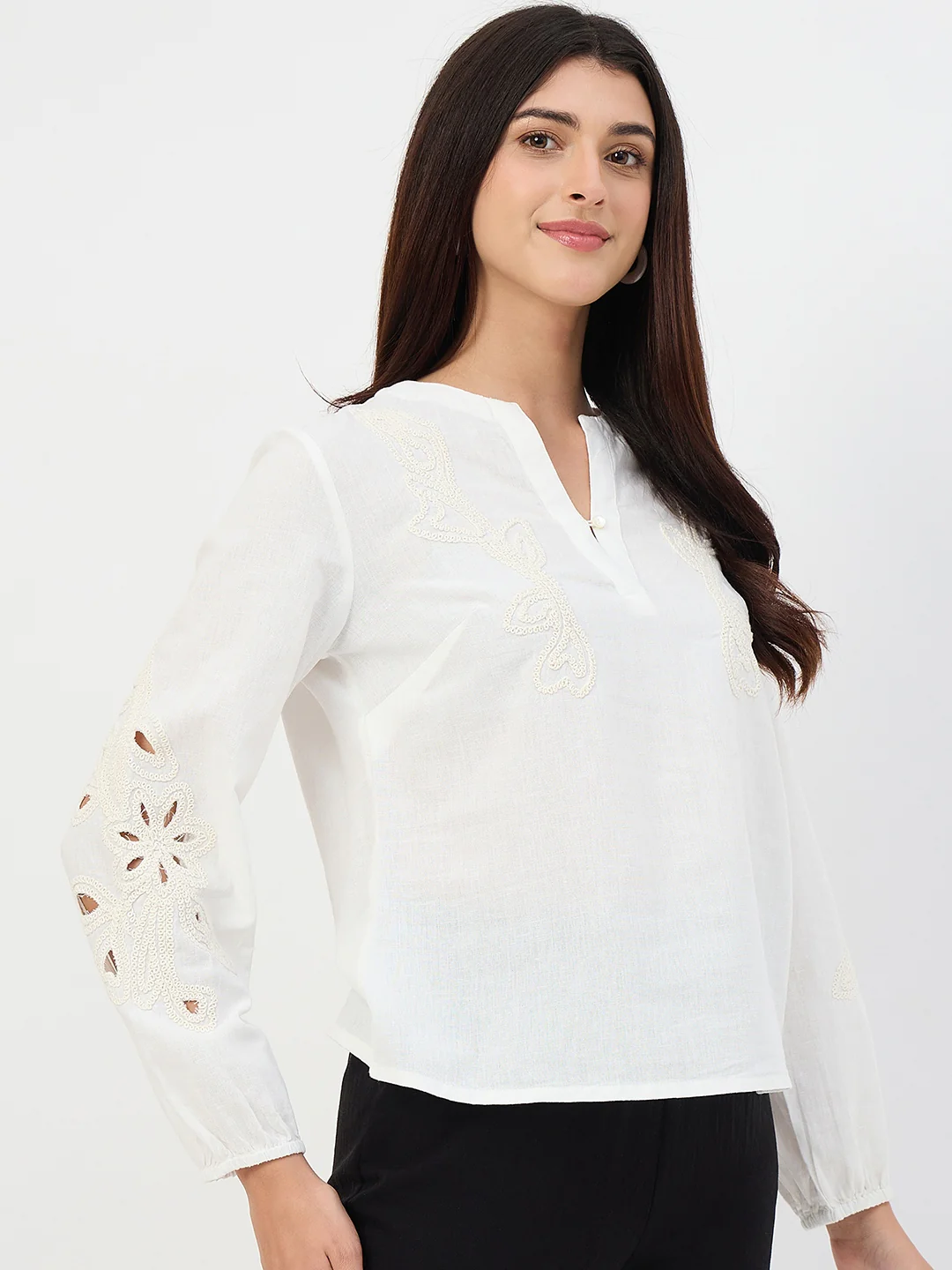 Madame White Embroidered Cotton-Linen Tunic Top - Image 5