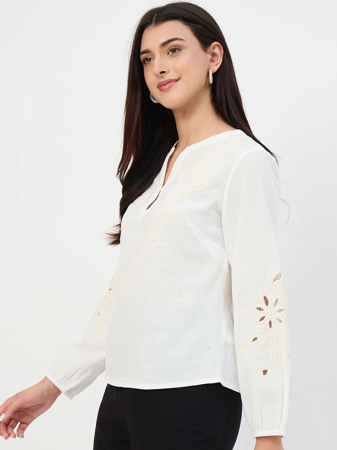 Madame White Embroidered Cotton-Linen Tunic Top - Image 6