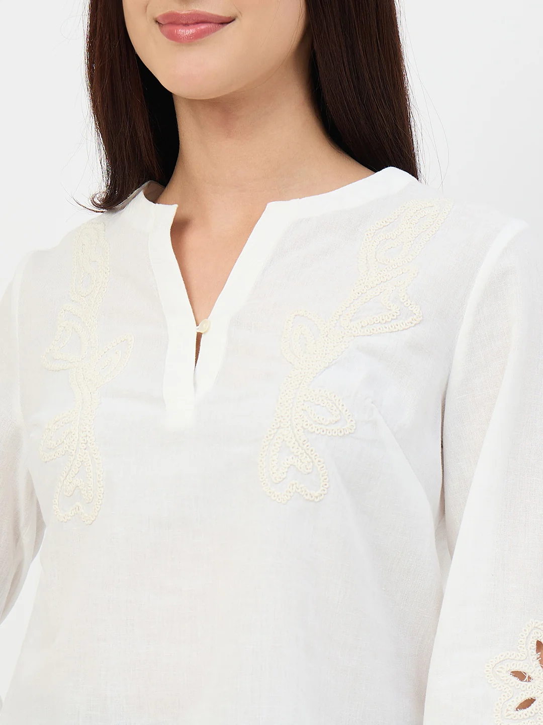 Madame White Embroidered Cotton-Linen Tunic Top - Image 8