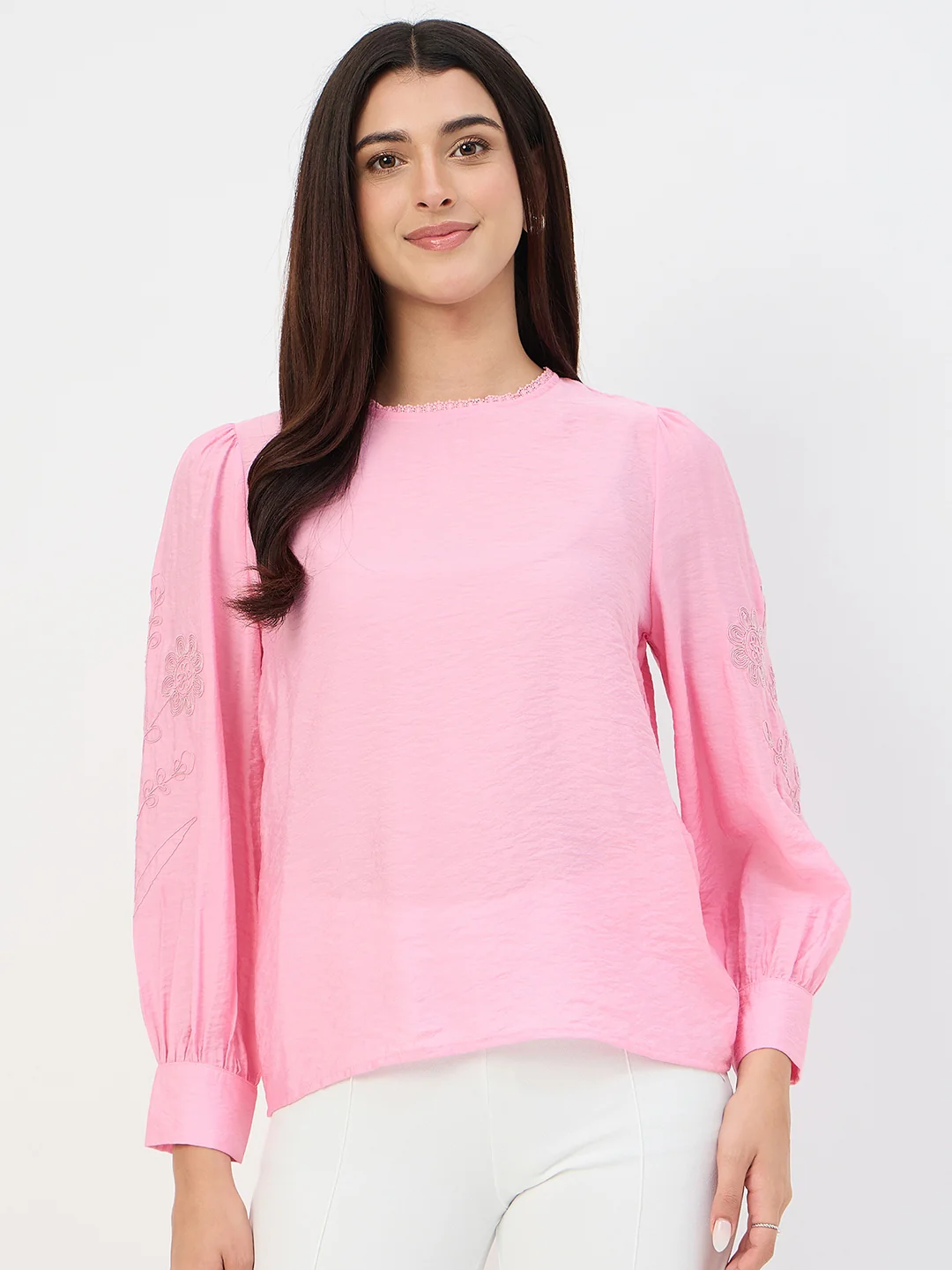 Madame Pink Embroidered Bishop-Sleeve Viscose Top