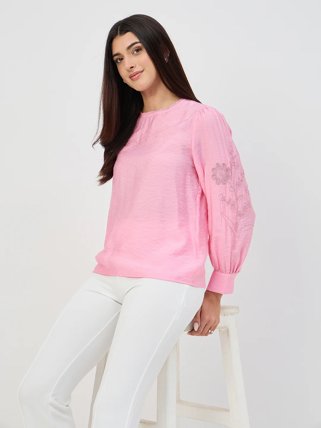 Madame Pink Embroidered Bishop-Sleeve Viscose Top - Image 2