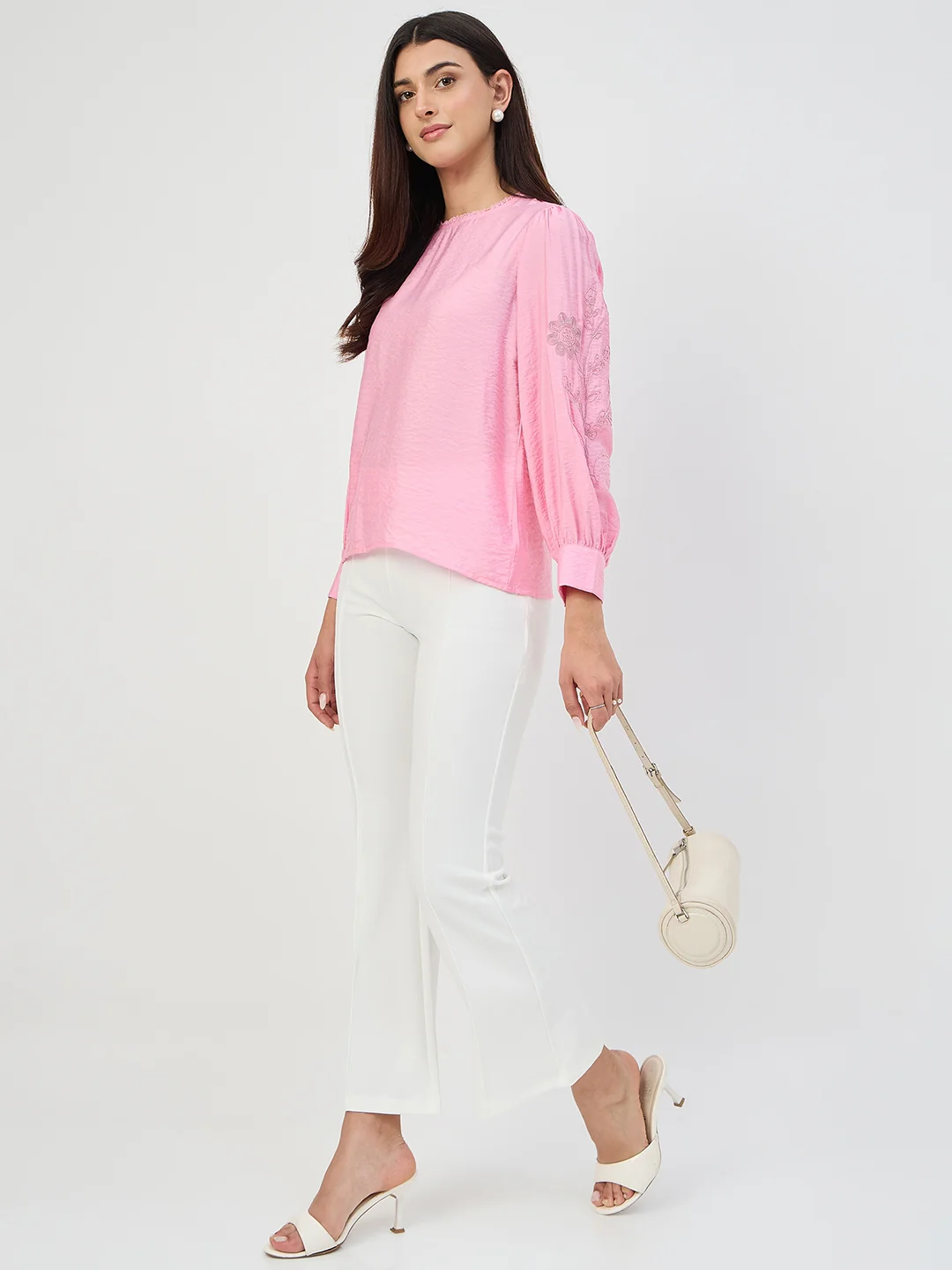 Madame Pink Embroidered Bishop-Sleeve Viscose Top - Image 3