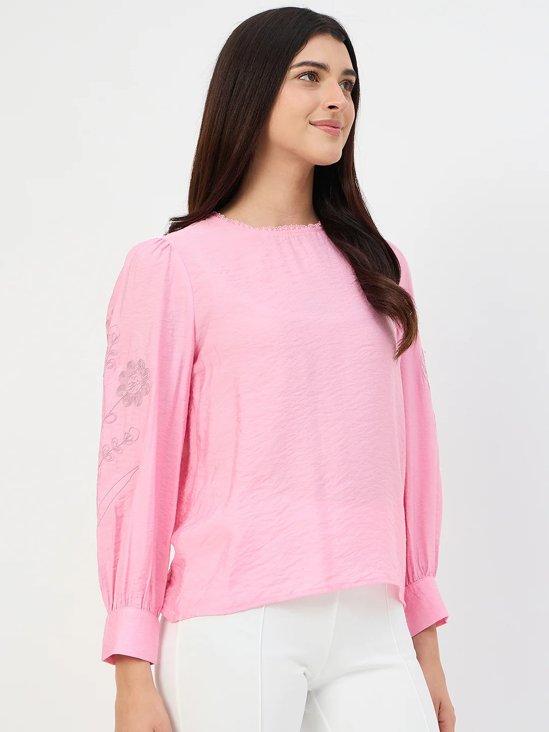 Madame Pink Embroidered Bishop-Sleeve Viscose Top - Image 4