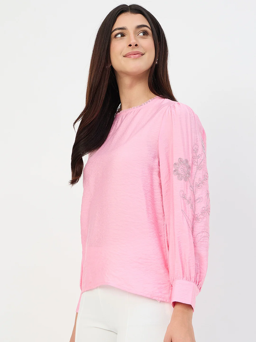 Madame Pink Embroidered Bishop-Sleeve Viscose Top - Image 5