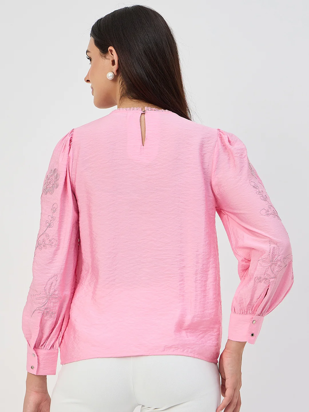 Madame Pink Embroidered Bishop-Sleeve Viscose Top - Image 6