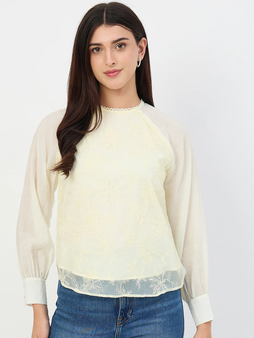 Madame Butter Yellow Embroidered Bishop-Sleeve Viscose Top