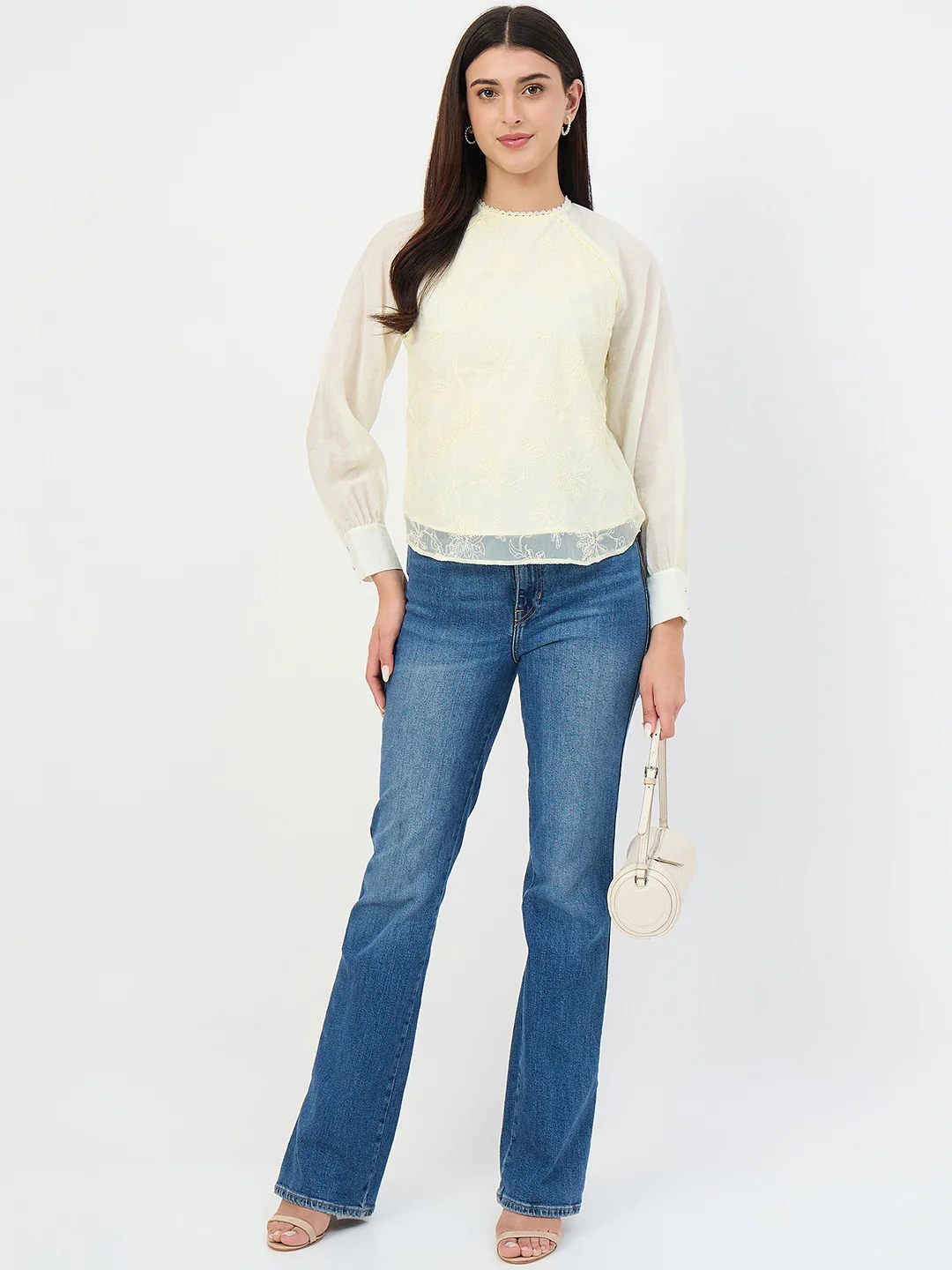 Madame Butter Yellow Embroidered Bishop-Sleeve Viscose Top - Image 3