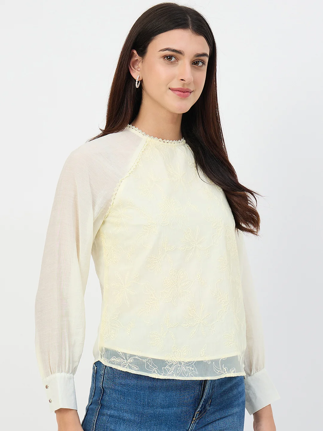 Madame Butter Yellow Embroidered Bishop-Sleeve Viscose Top - Image 4