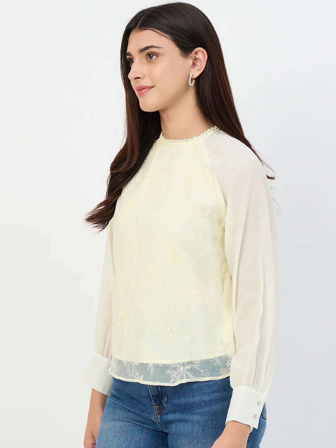 Madame Butter Yellow Embroidered Bishop-Sleeve Viscose Top - Image 5
