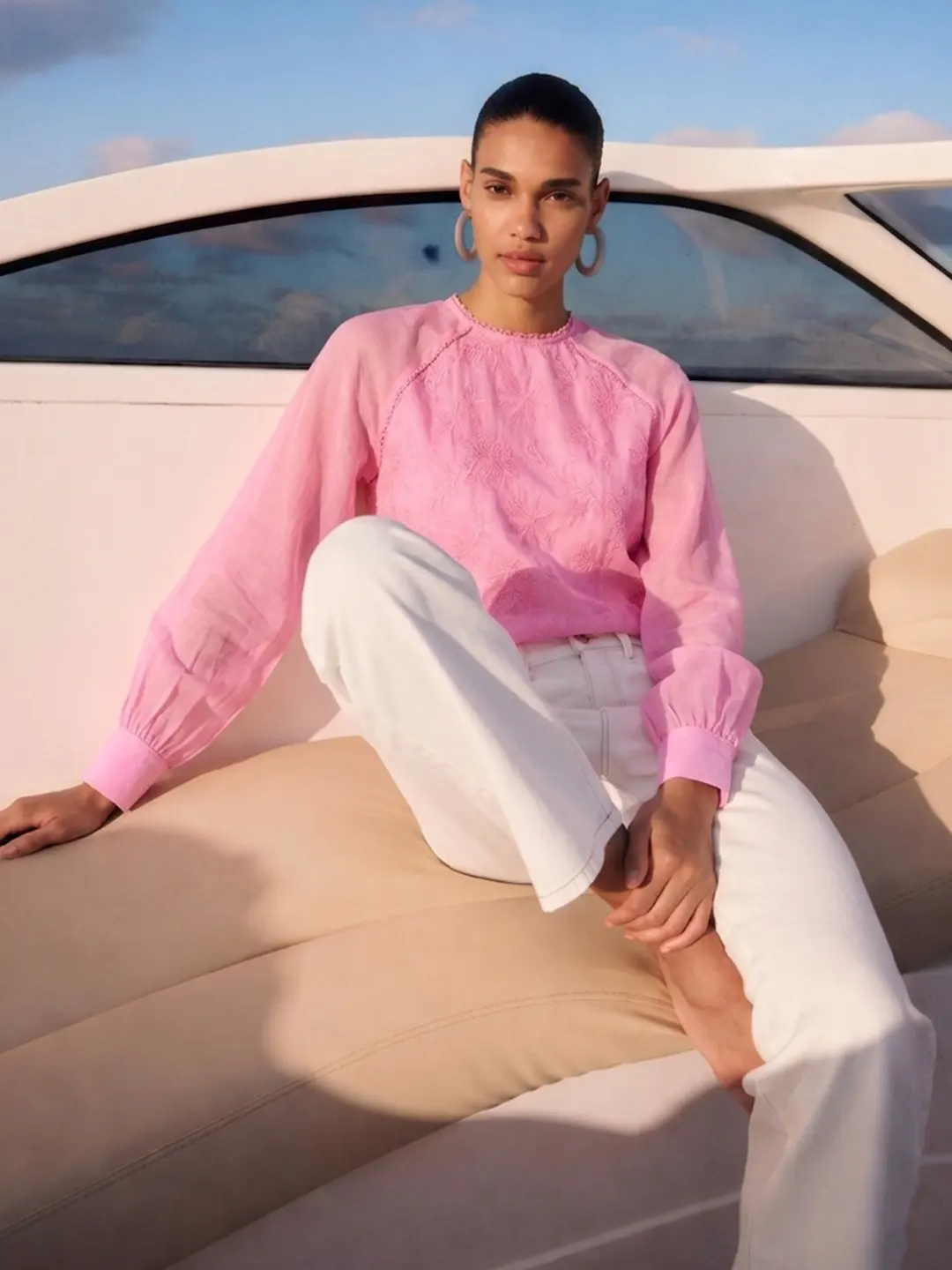 Madame Pink Embroidered Bishop-Sleeve Viscose Top