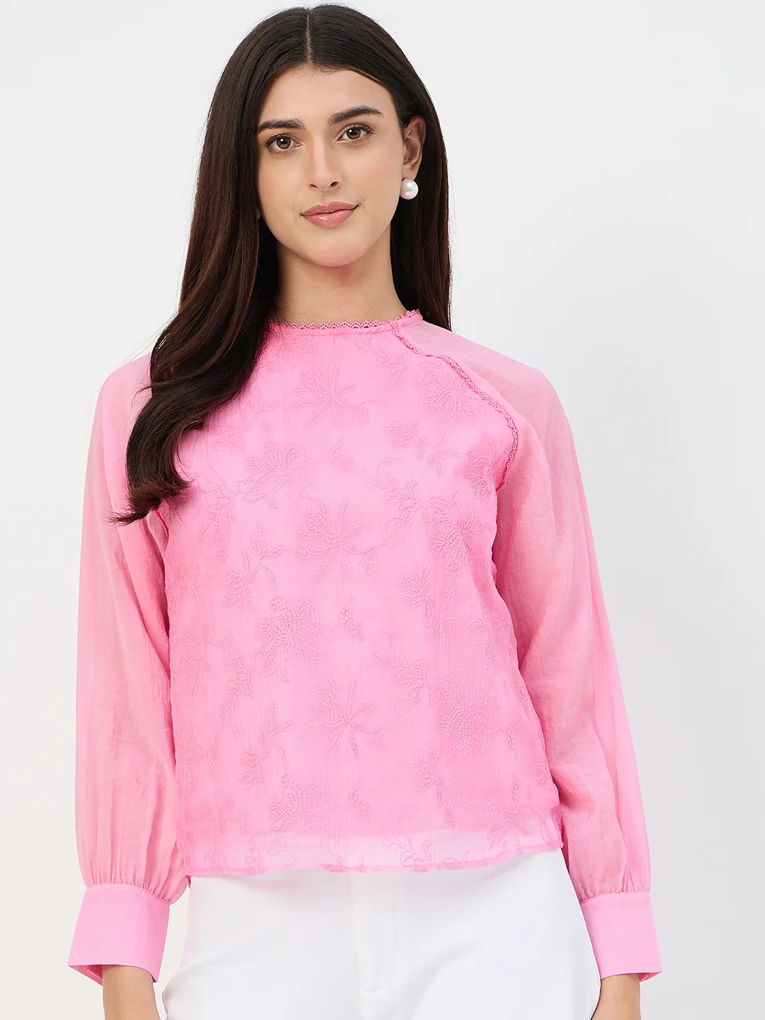 Madame Pink Embroidered Bishop-Sleeve Viscose Top - Image 2