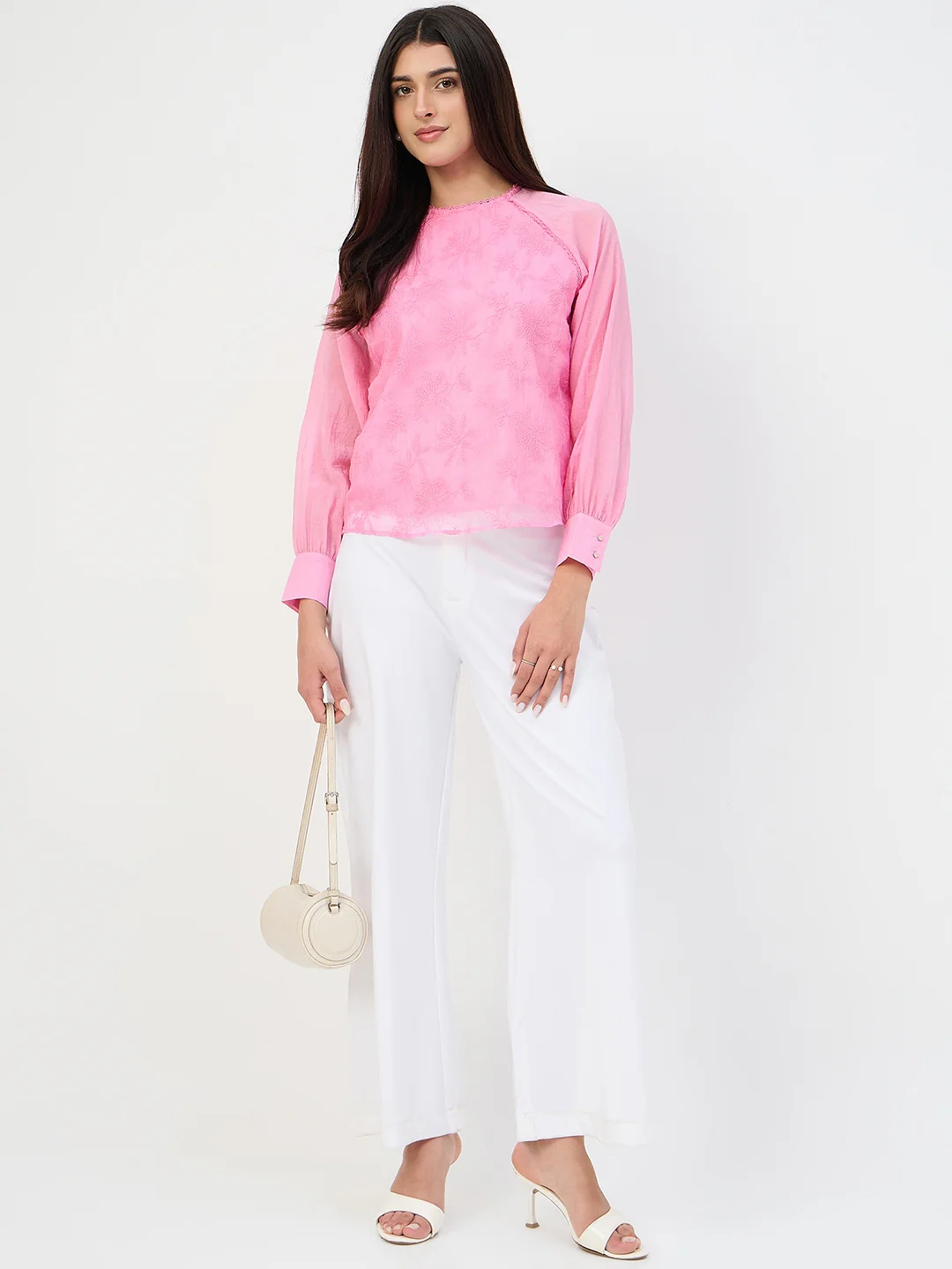 Madame Pink Embroidered Bishop-Sleeve Viscose Top - Image 3