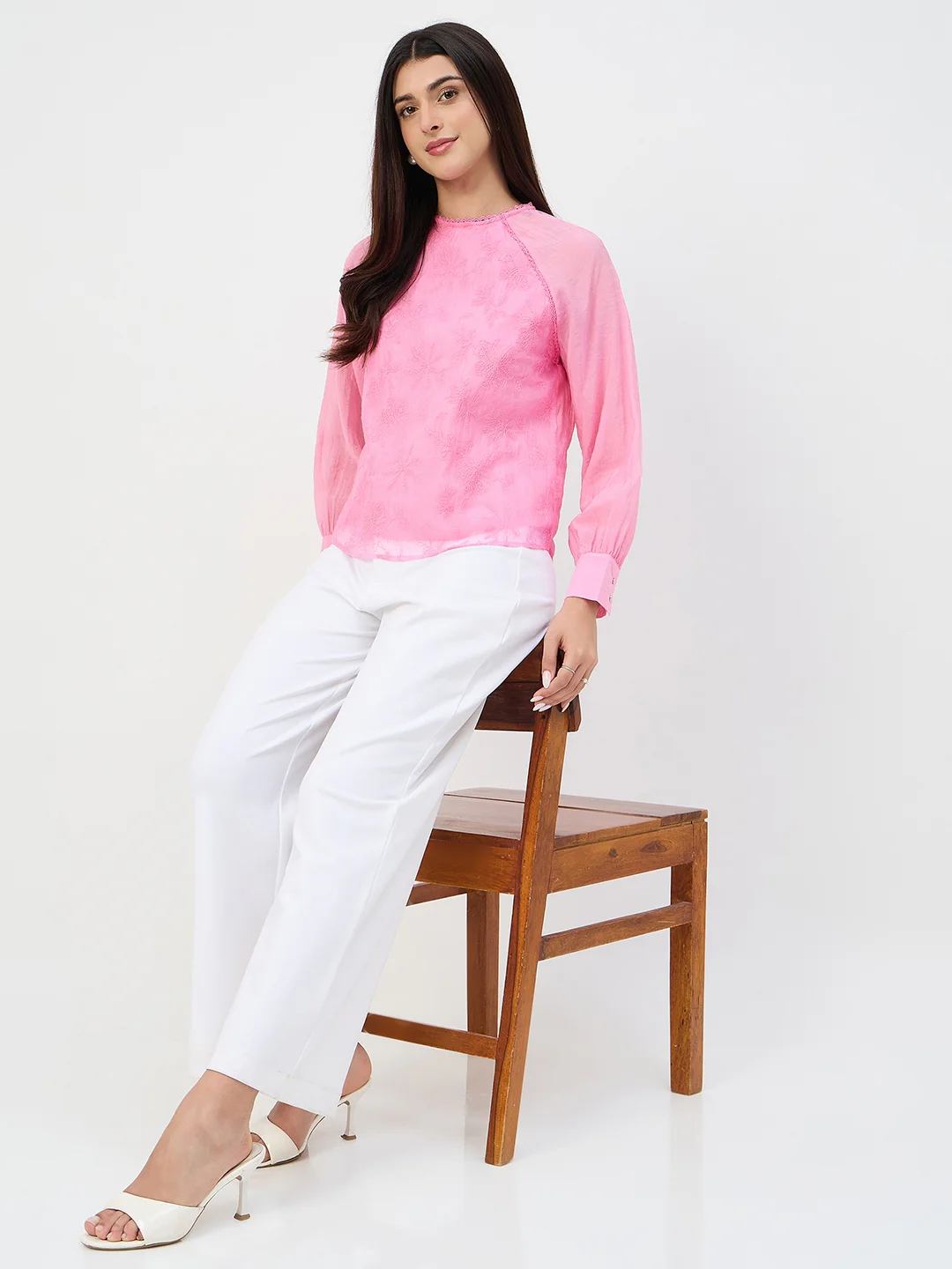 Madame Pink Embroidered Bishop-Sleeve Viscose Top - Image 4