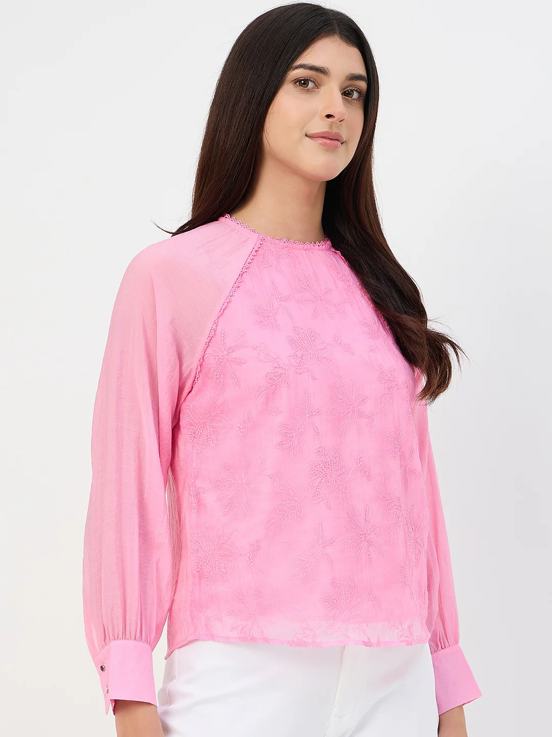 Madame Pink Embroidered Bishop-Sleeve Viscose Top - Image 5