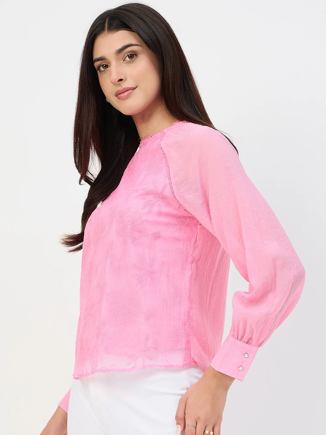 Madame Pink Embroidered Bishop-Sleeve Viscose Top - Image 6