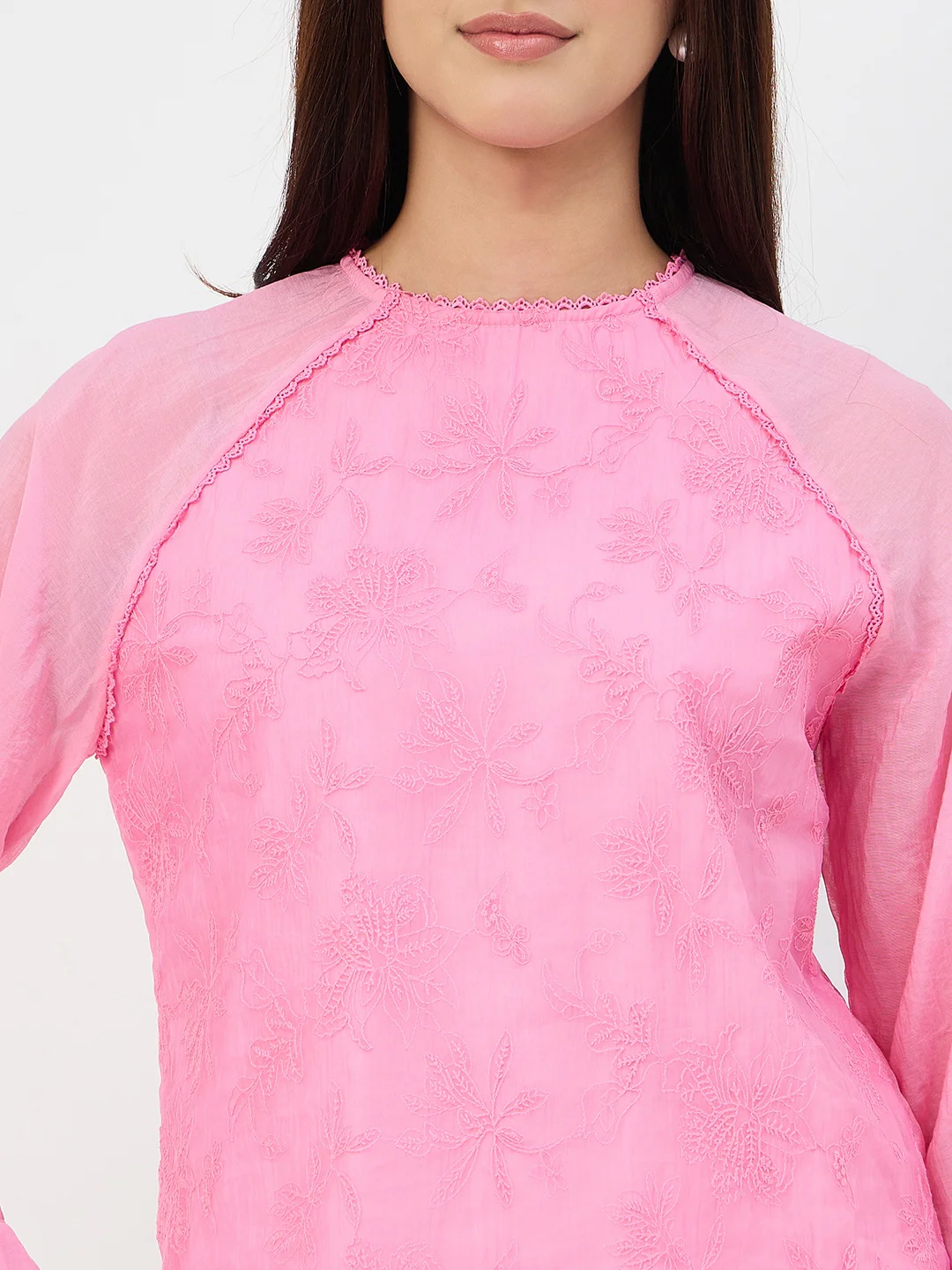 Madame Pink Embroidered Bishop-Sleeve Viscose Top - Image 8