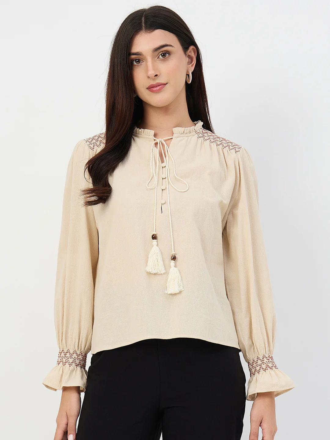 Madame Beige Gather-Detail Cotton Top - Image 2