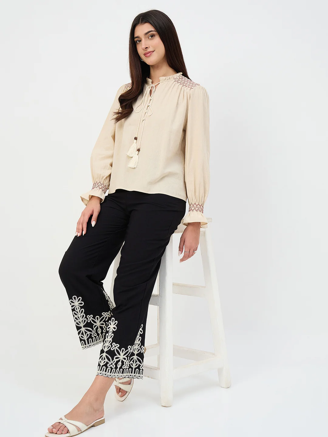 Madame Beige Gather-Detail Cotton Top - Image 3