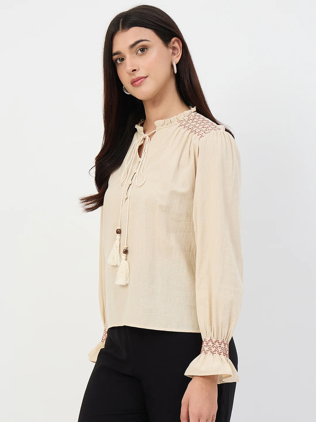 Madame Beige Gather-Detail Cotton Top - Image 6