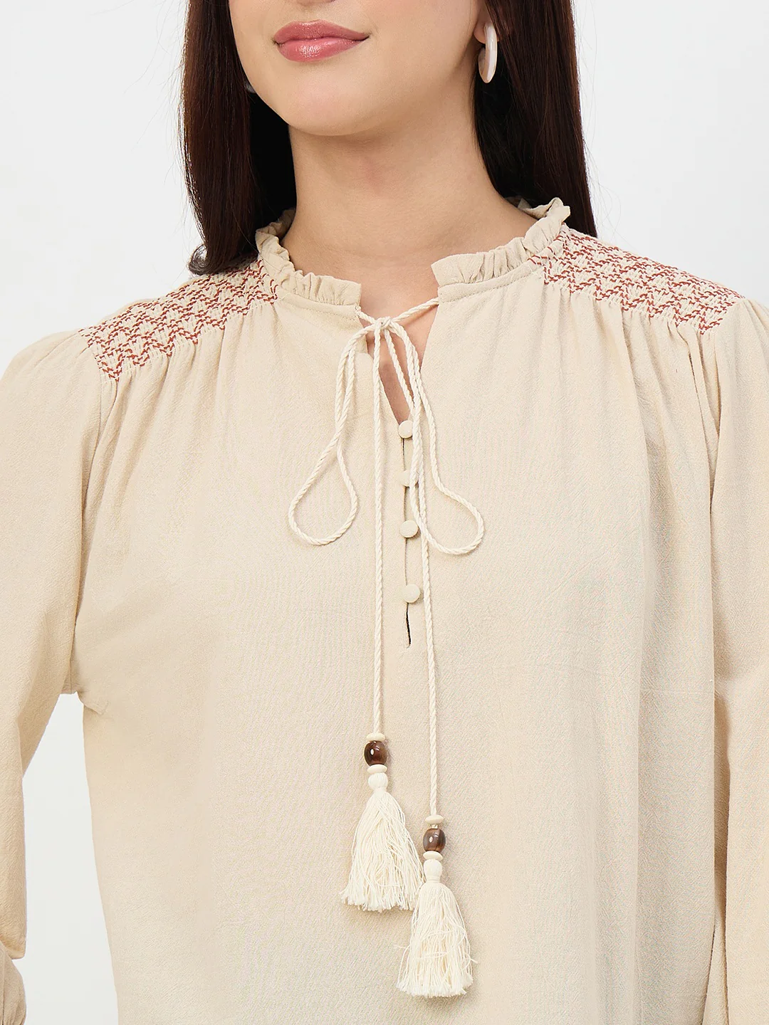Madame Beige Gather-Detail Cotton Top - Image 8