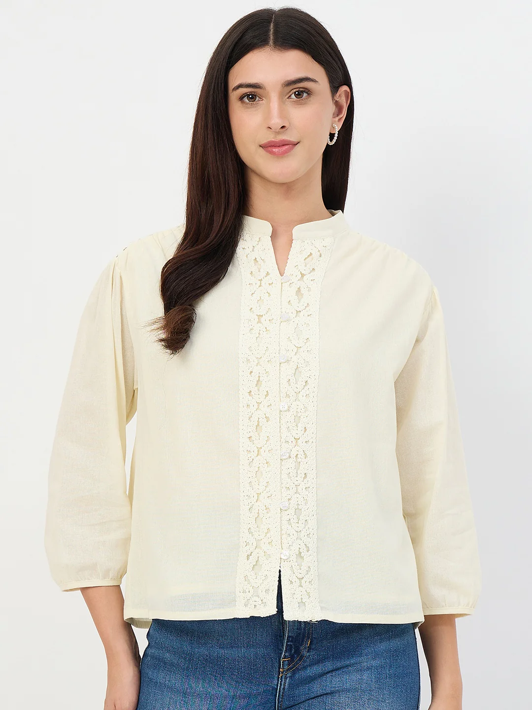 Madame Off-White Crochet-Lacework Cotton Mandarin-Collar Top - Image 2