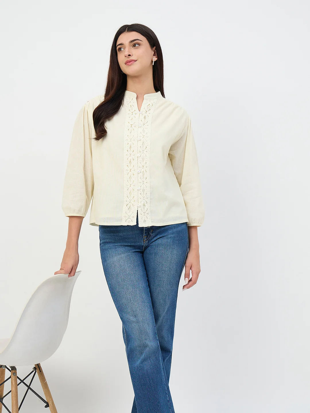 Madame Off-White Crochet-Lacework Cotton Mandarin-Collar Top - Image 3