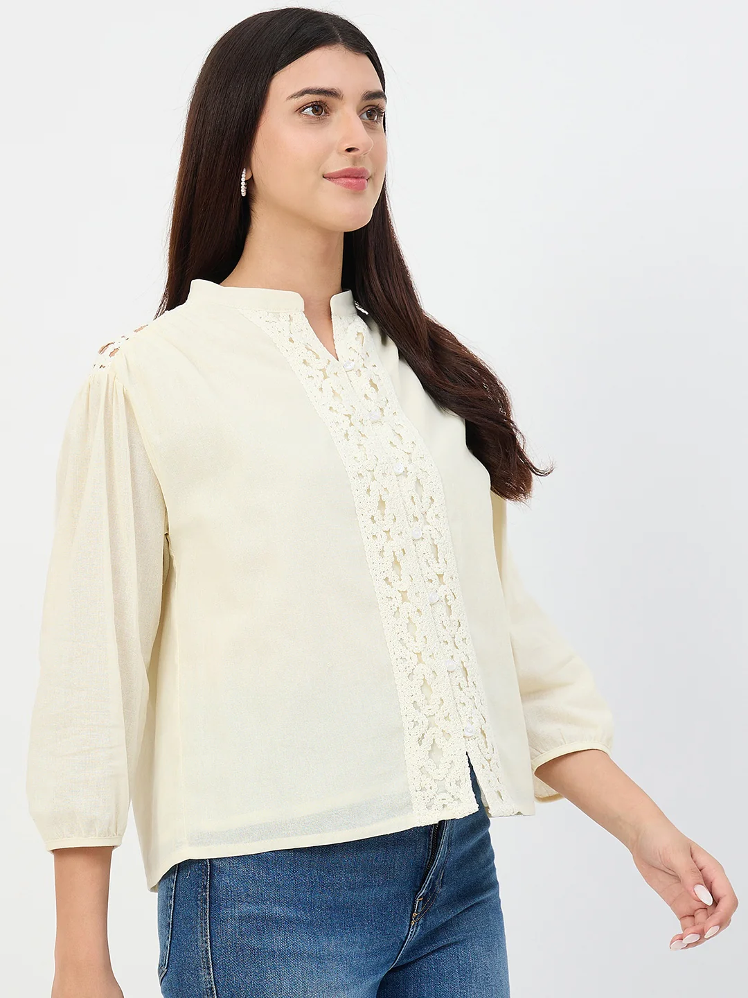 Madame Off-White Crochet-Lacework Cotton Mandarin-Collar Top - Image 5